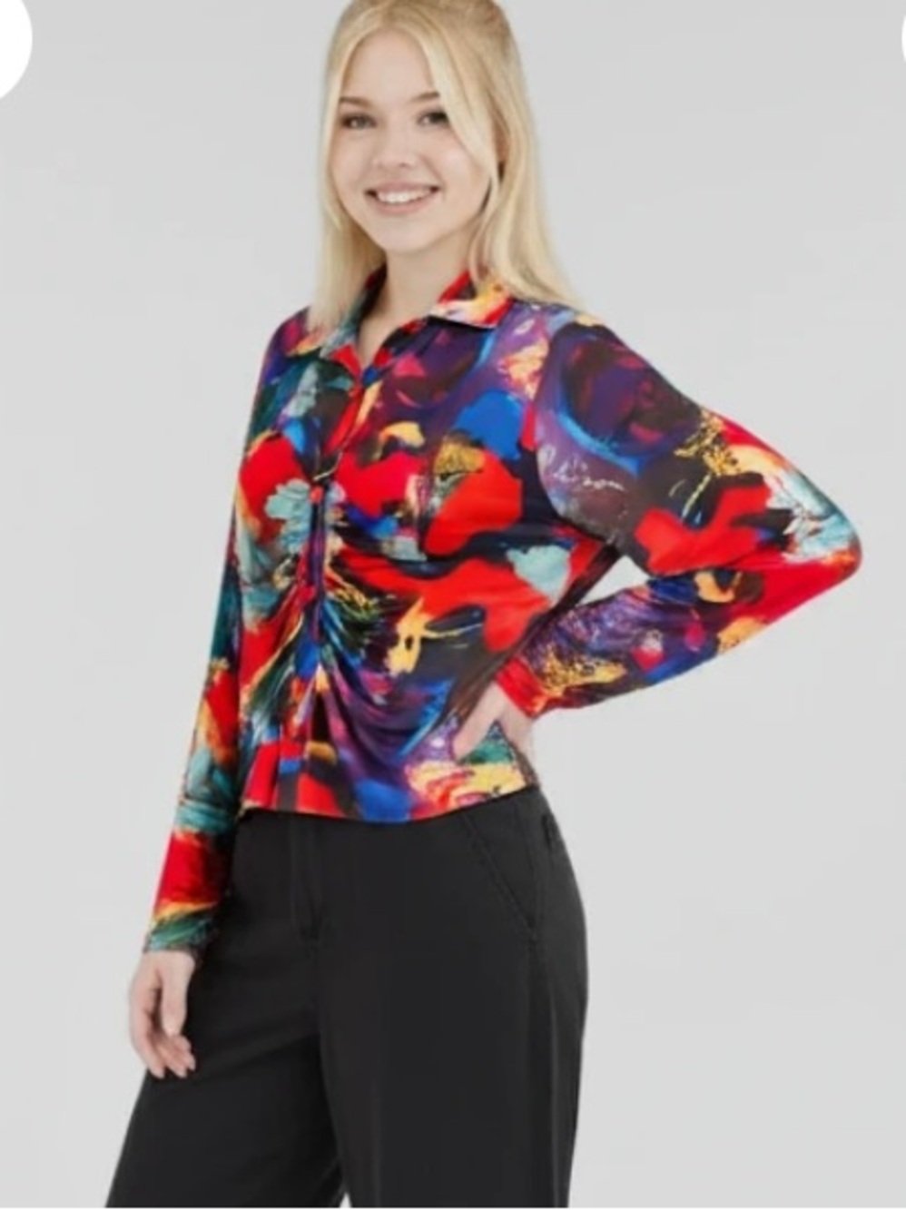 Abstract Print Long-Sleeve Ruched Blouse - Multi